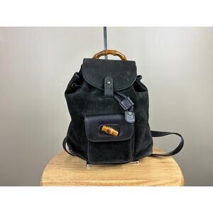 Authentic Gucci Black Suede Bamboo Handle Backpack